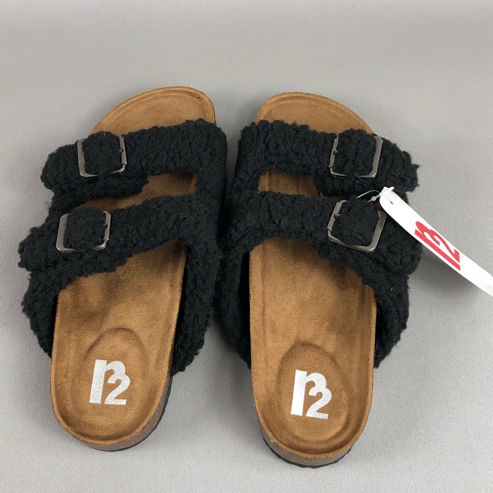 R2 Bernette Black Sherpa Teddy Shearling Buckled Double Strap Sandals - Picture 3 of 8